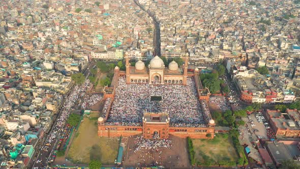 Aerial view of prayer during Eid al-Fitr at Jama Masjid in Delhi, India.