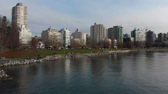 Various drone shots at English Bay near downtown Vancouver, BC during Polar Bear 2019 event