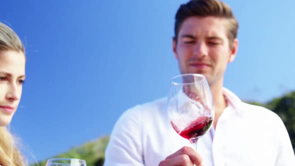 Couple examining wine in vineyard