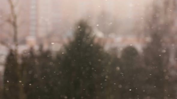 Snowfall in the City With Buildings on Blurred Background.