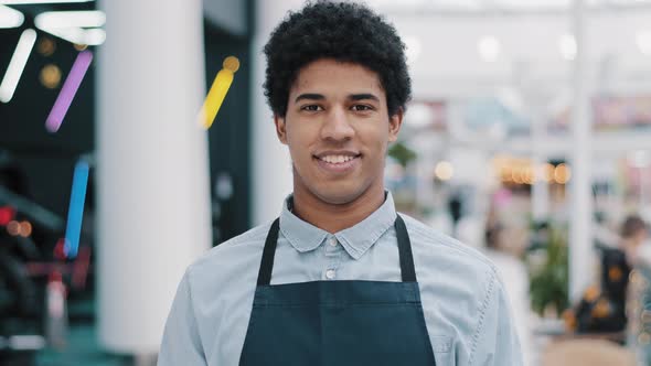 African American Male Worker 20s Man Waiter Salesman in Apron Owner of Small Business Cafe