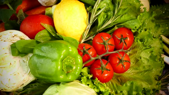 Vegetables on a Tray Close-up. Vegetables on the Kitchen Counter. Tomato Cucumber Zucchini Onion