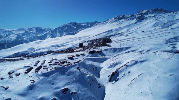 Ski station center at Andes Mountains. Snow winterness scenery.