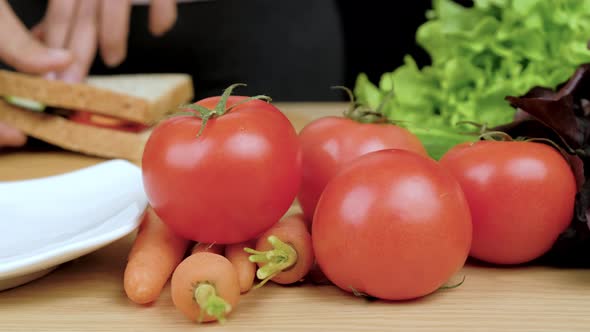 Healthy sandwich recipes on wooden table, Close up.