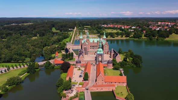 Frederiksborg Palace In Hillerod Denmark - aerial pullback