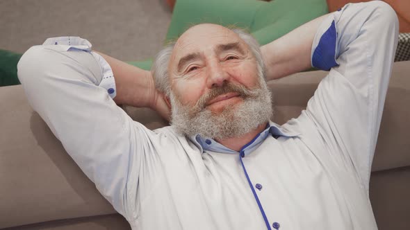 Happy elderly bearded senior gray-haired man face relaxing at sofa. Calm relaxed retired man resting