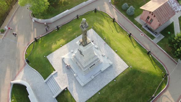 Russia, Khabarovsk, August 2019: Top View Taken From a Drone, Rock Cliff and Monument To Muravyov