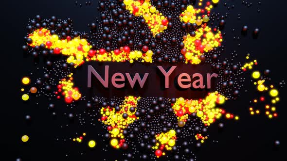 3D New Year's Looped Background with Inscription New Year and Garland Spheres Scattered on Plane