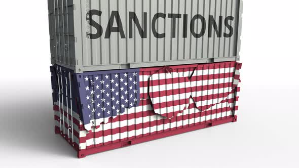 Container with SANCTIONS Text Breaks Container with Flag of USA alt