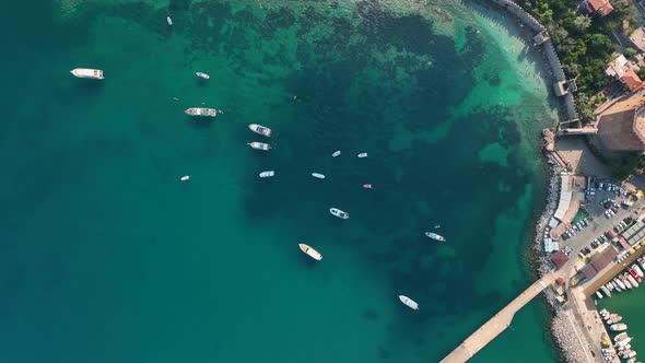 Luxury Yachts in the port aerial view 4 K Alanya Turkey