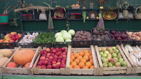 Vegetables and Fruits on the Market Counter.