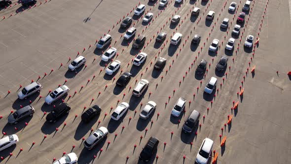 Aerial shot of cars at a testing site to receive the Coronavirus vaccine