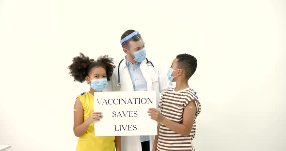 Vaccinated Black Kids and Doctor with Banner Over White Background