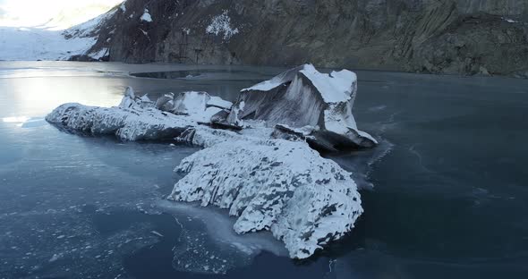 Drone flying over glacier lagoon in Tibet,China.Aerial view drone footage 