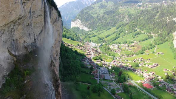 Aerial shot of Staubbach waterfall (Staubbachfall) in Lauterbrunnen, Switzerland