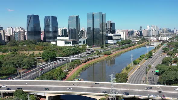 Downtown Sao Paulo Brazil. Landmark highway road. Offices buildings.