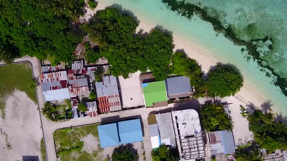 Aerial drone sky of seashore beach journey by clear lagoon with sand background