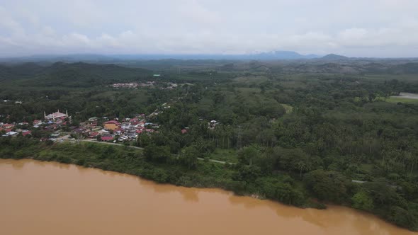 Aerial view of River, Forest And Village In Kelantan