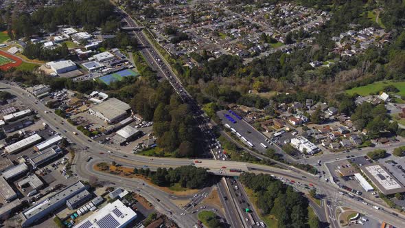 View of heavy traffic on the Cabrillo Highway in Santa Cruz, California after an accident - orbiting