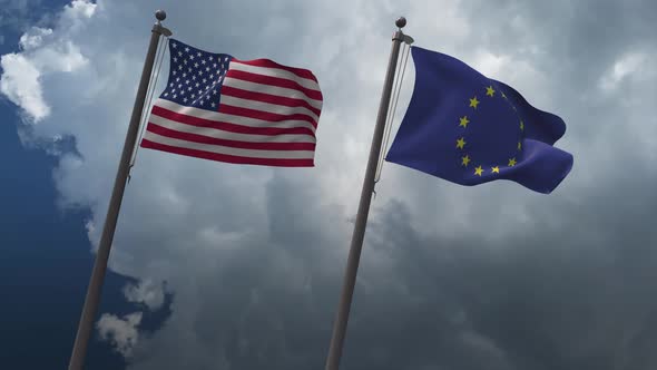 Waving Flags of the United States  And The European Union 4K