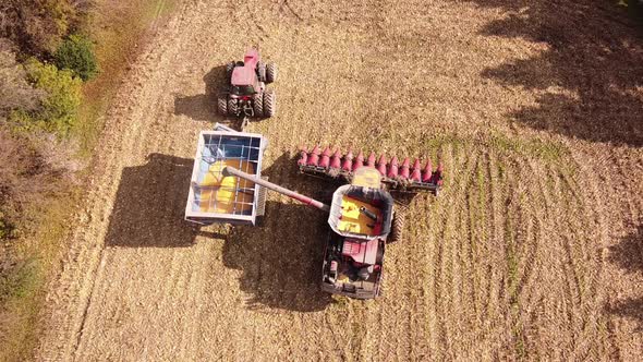 Harvesting Corn Using Combine Harvester in Southeast Michigan - aerial top down