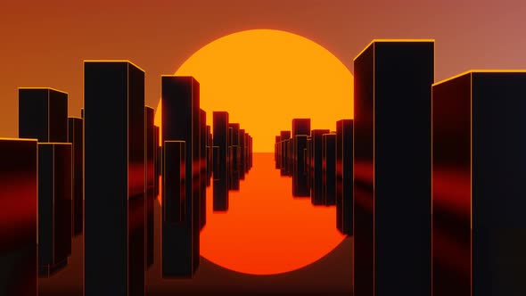 Abstract Retro Synthwave Shiny Neon City Road with Sun 3d Render