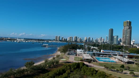 Aerial view showing Australia's Gold Coast waterways and urban sprawl on a clear day