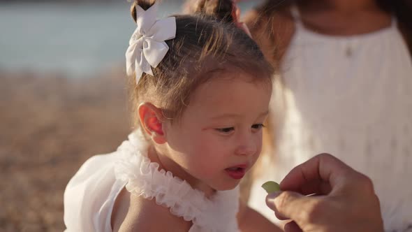 Closeup of Cute Caucasian Brunette Girl with Brown Eyes Eating White Grape As Male Hand Feeding Kid