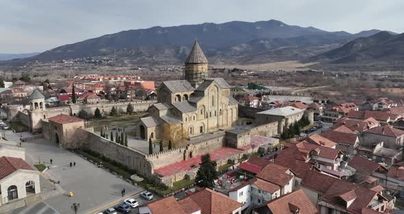 Aerial view of Orthodox Svetitskhoveli Cathedral in Mtskheta, Georgia