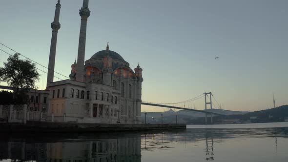 Ortakoy Mosque and Istanbul Bosphorus Bridge Aerial Video
