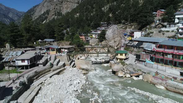 Gangotri village in the state of Uttarakhand in India seen from the sky