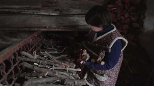 An Elderly Woman in an Old Abandoned Barn Gathers a Handful of Firewood