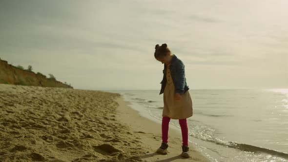 Girl Playing Alone Beach at Sunset Sea