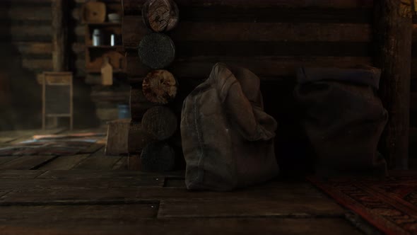 Dark Interior of Retro Log House alt