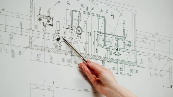 Architect Designer Working with Plan Blueprint Closeup