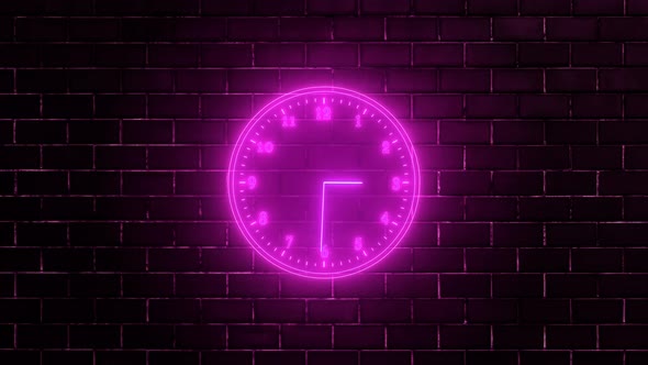 Pink Neon Light Analog Clock Isolated Animated On Wall Background