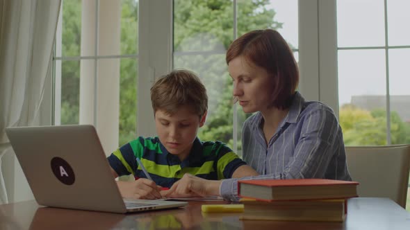 Young 30s Mother Making Online Homework with School Kid at Home