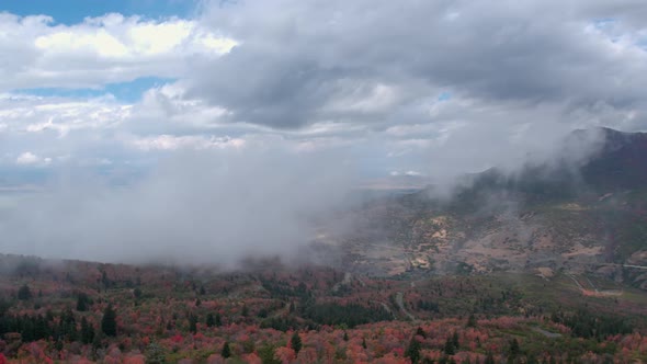 Aerial view of low clouds over colorful foliage