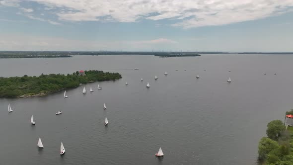 aerial shot  group of Sail boats along a lake on a summer day