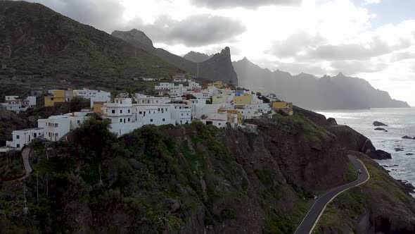 Aerial drone view of a small village on the Northern Coast of Tenerife, the Canary Islands.