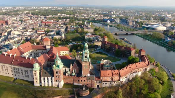 Aerial footage of Wawel Royal Castle in Cracow, Krakow, Poland, Polska