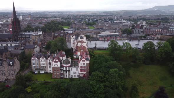 Drone View of the Streets of Edinburgh Near Holyrood Park in the Early Morning