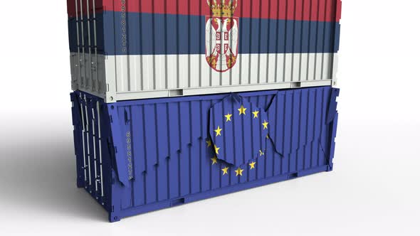 Container with Flag of Serbia Breaks Container with Flag of EU alt