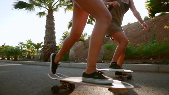 Young Spanish Girls Ride Skateboards on an Island Near Palm Trees on Asphalt Paths of the Park in