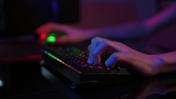 Gamer Play Computer Game Use Rgb Neon Colored Keyboard