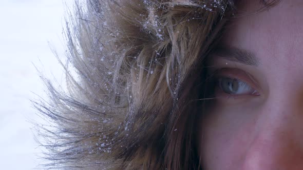 Gaze of a Frozen Girl on a Street in Winter a Snowstorm Blows with Snow on Her Face