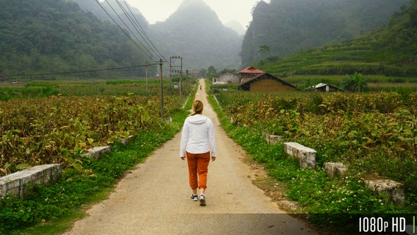 Rear View of Woman Walking on Rural Dirt Road with Foggy Mountain Landscape