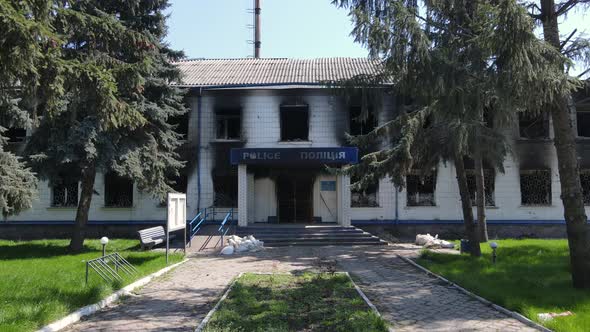 War in Ukraine  the Destroyed and Burned Building of the Police Station in Borodyanka Kyiv Region