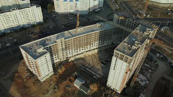 Construction Site Of A New City Block. Construction Of Multi Storey Buildings. Construction Site At