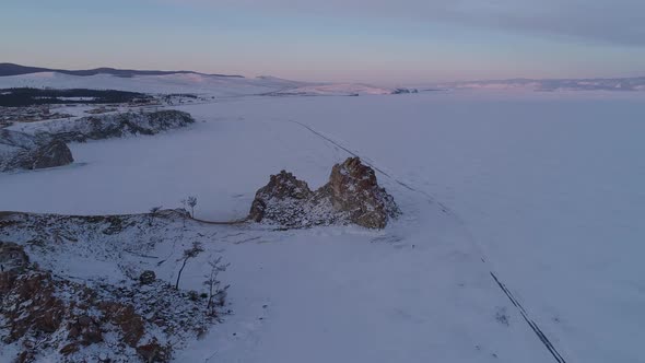 Aerial View of a Shamanka Rock on Olkhon Island at Sunset